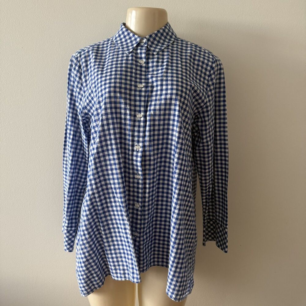 Peck & Peck Women’s Check Button-Up Collared 3/4 Sleeve Blouse Top Size M Blue